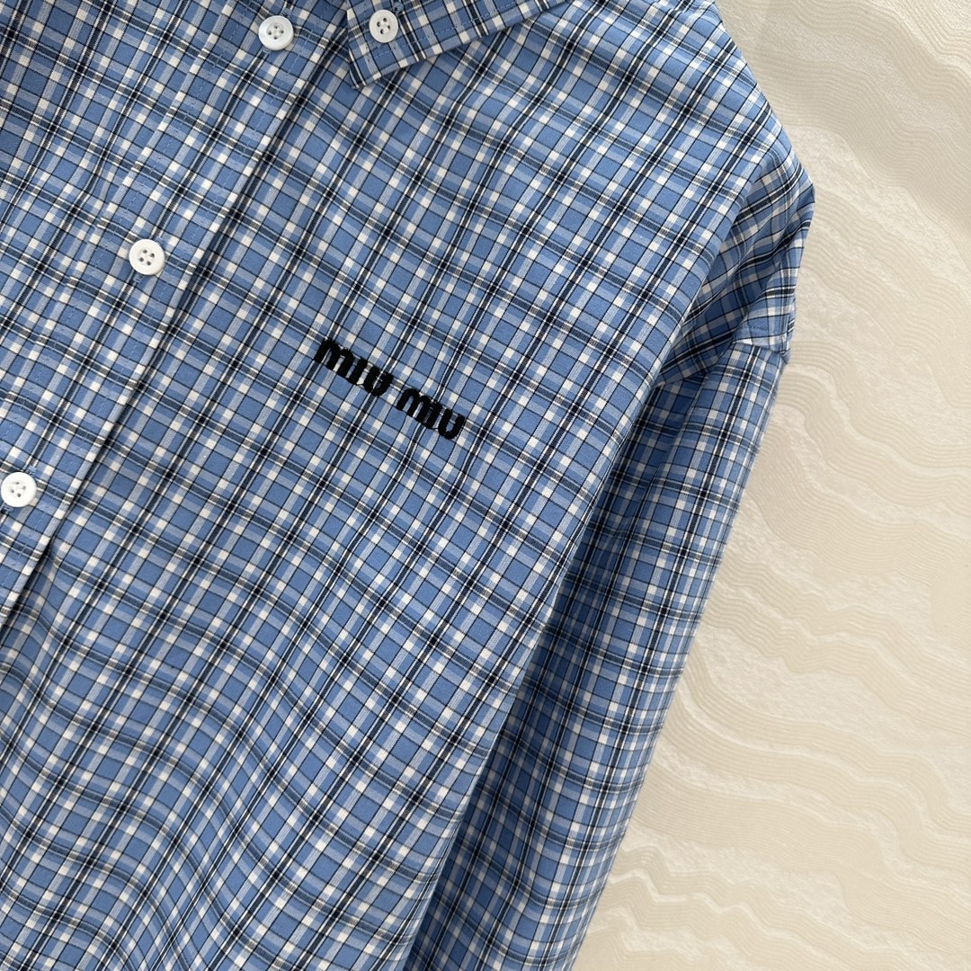 独家首发❤️原单品质🌸miu系少女穿搭！知性分子学院风 新蓝格子短款衬衫！进口定织精纺色织格纹纯棉衬衫面