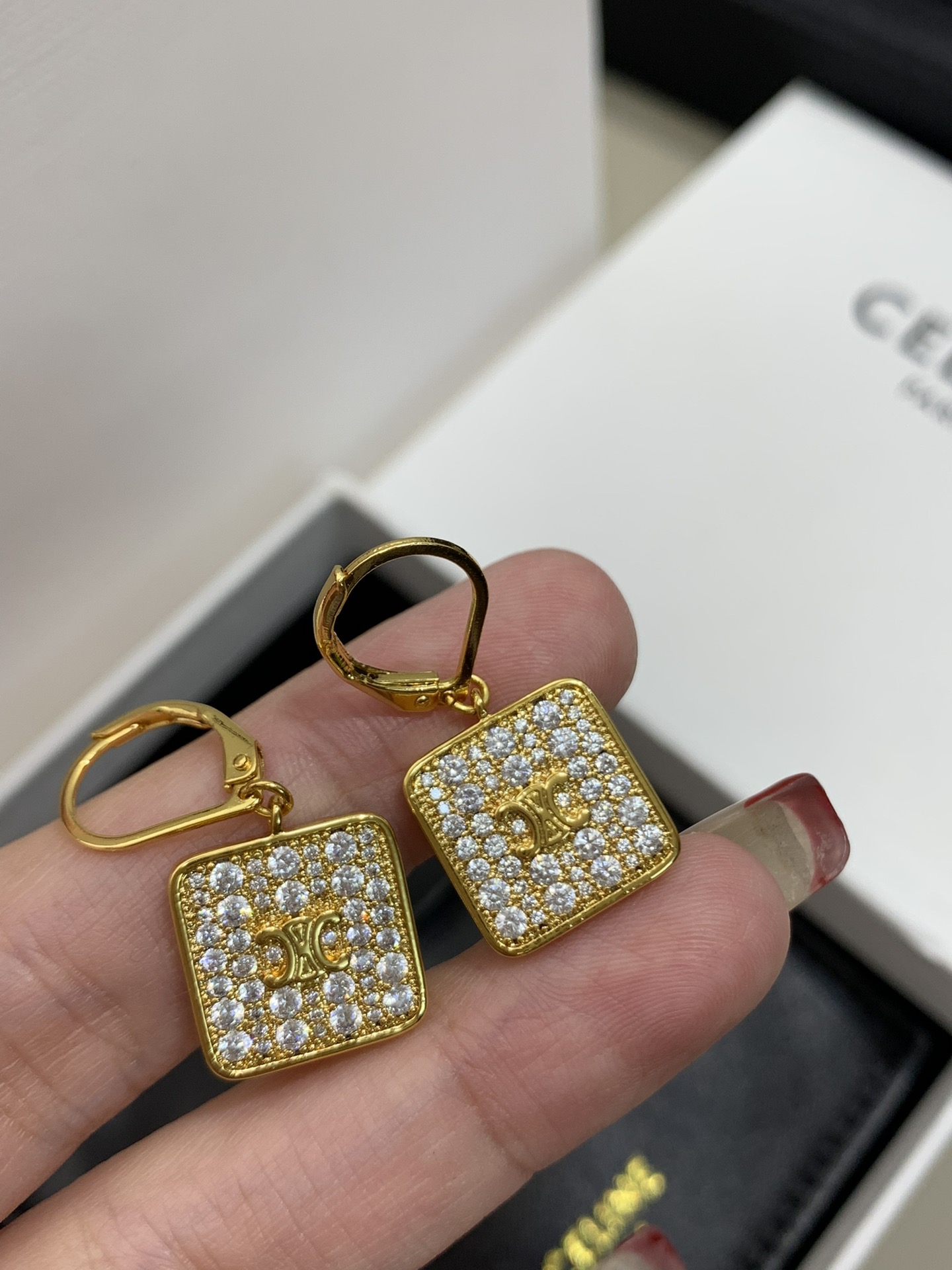 Celine Square Earrings with Crystals - Gold Finish 7 i1740981487 1299 4