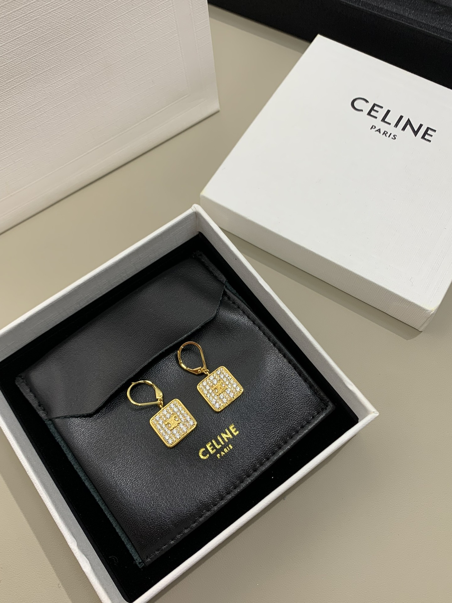 Celine Square Earrings with Crystals - Gold Finish 3 i1740981487 6962 0
