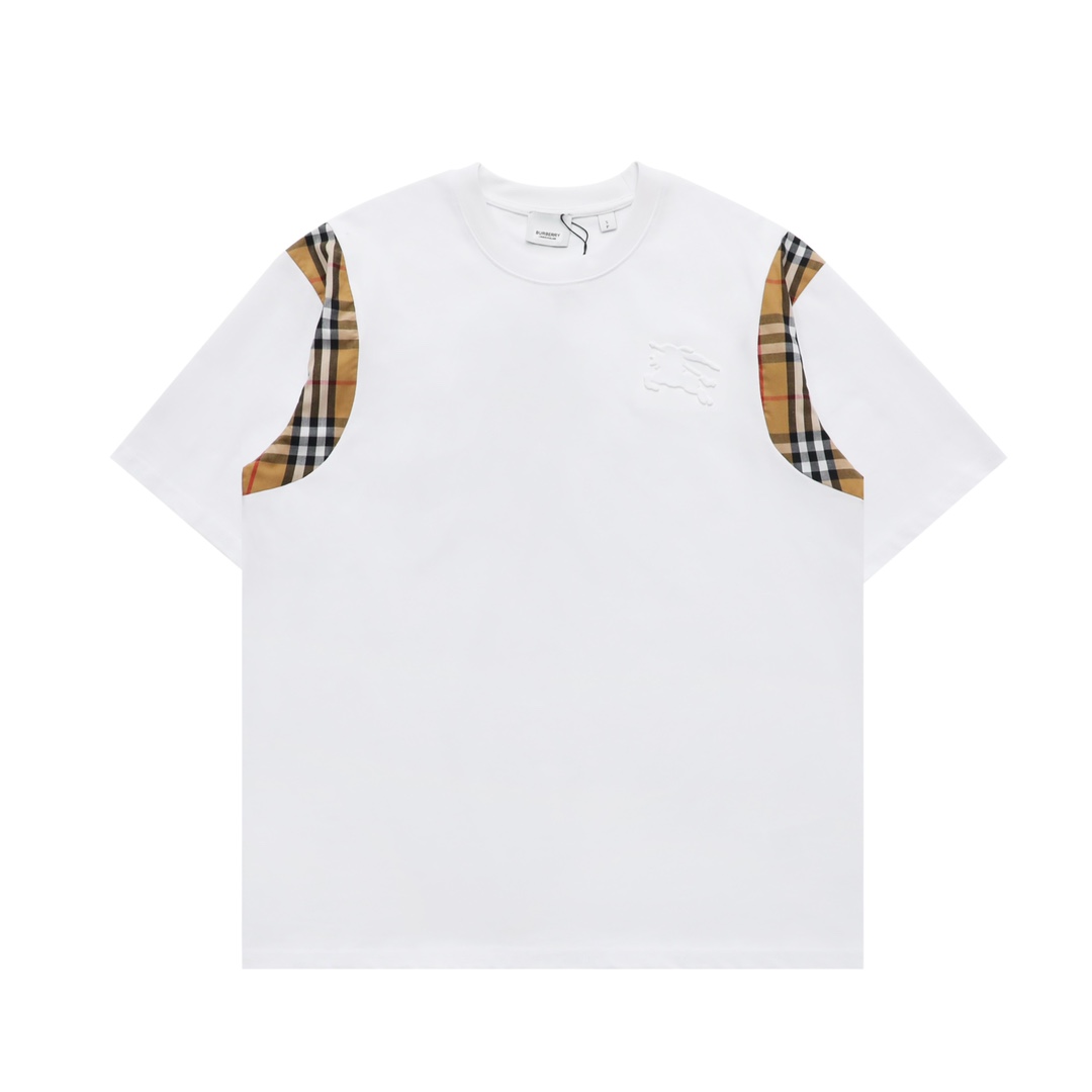巴宝莉/Burberry 夏季新款 浮雕战马格纹拼接圆领短袖T恤