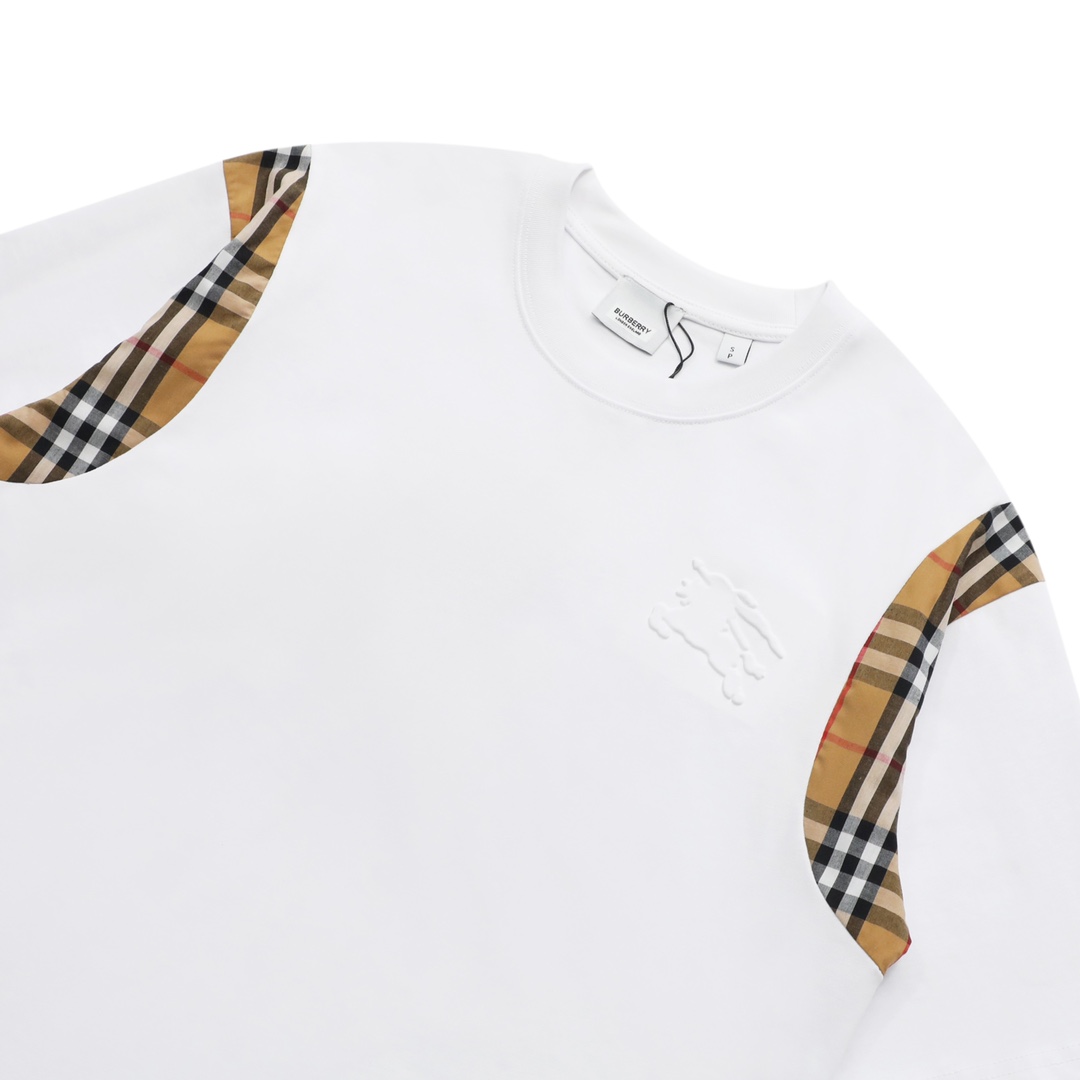 巴宝莉/Burberry 夏季新款 浮雕战马格纹拼接圆领短袖T恤