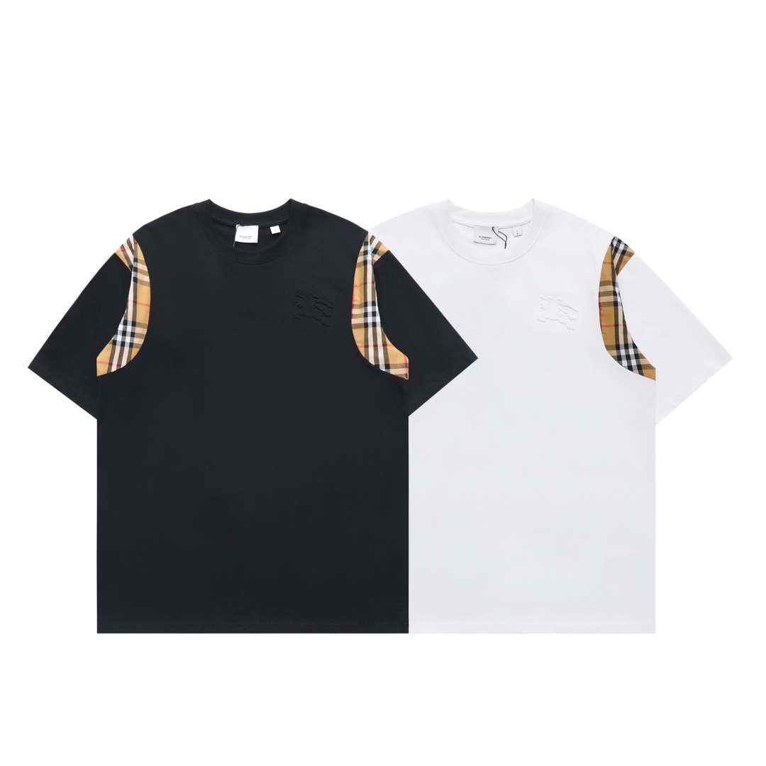 巴宝莉/Burberry 夏季新款 浮雕战马格纹拼接圆领短袖T恤