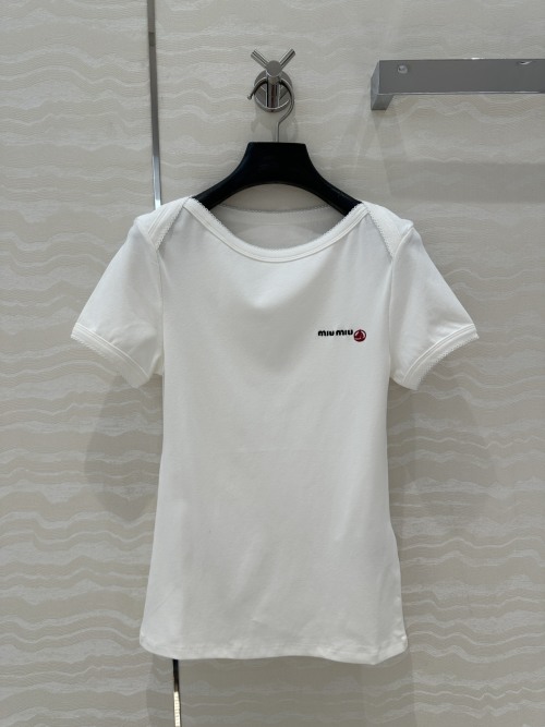 Miu Miu White Cotton T-Shirt with Embroidered Logo and Lace Trim - Slim Fit 1 Miu Miu White Cotton T-Shirt with Embroidered Logo and Lace Trim - Slim Fit