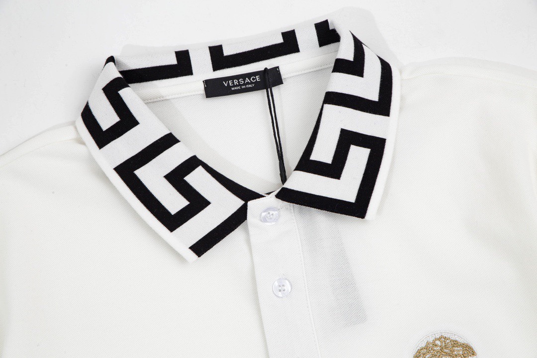 范思哲VERSACE 夏季新款 金色老人头刺绣翻领短袖polo衫 黑色/白色