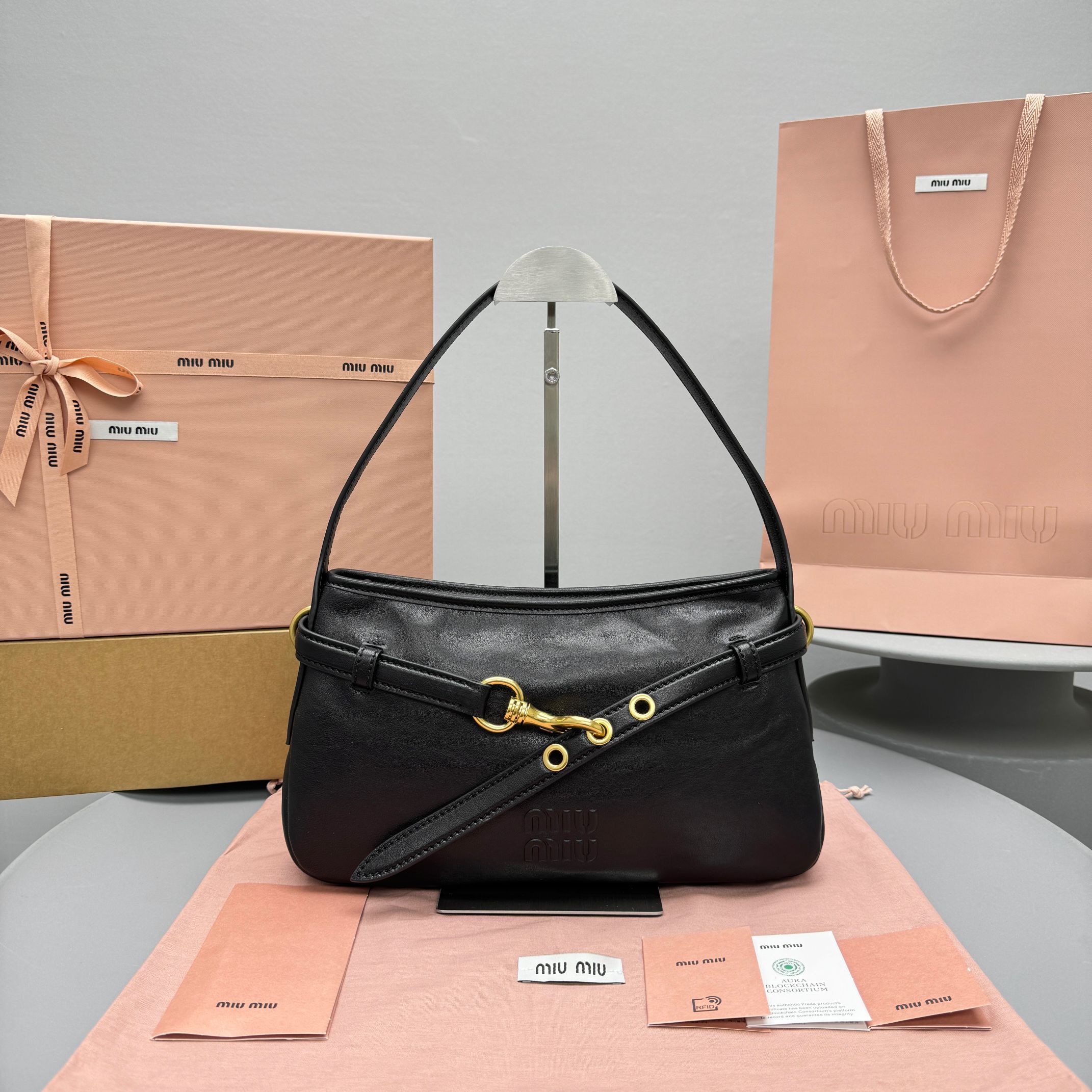 Miu Miu Aventure Leather Shoulder Baguette Bag, Black, Small Size