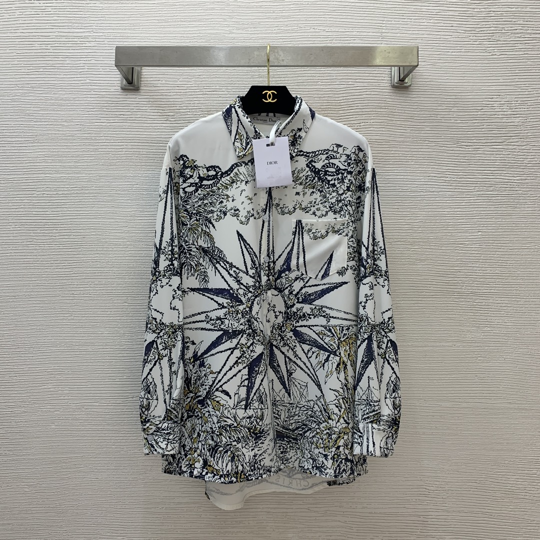 NO:324038,Model number D25030835 Dio* newest sunflower letter logo print loose fashion button lapel long sleeve shirt!  (M size shoulder width 47, bust 112, sleeve length 54, front garment length 72/77), dior, alexander wang19860909款号D25030835 Dio*新款 太阳花字母logo印花宽松时尚系扣翻领长袖衬衣！（M码肩宽47,胸围112,袖长54,前衣长72/77）,,dior,alexander wang,Women's clothing