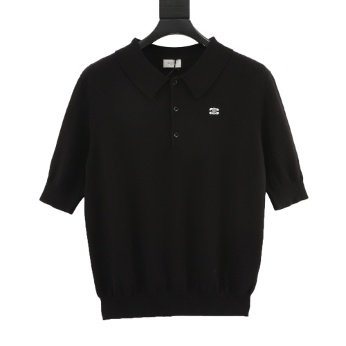 Celine Men's Black Polo Shirt with Embroidered Triomphe Logo - Short Sleeve 1 Celine Men's Black Polo Shirt with Embroidered Triomphe Logo - Short Sleeve