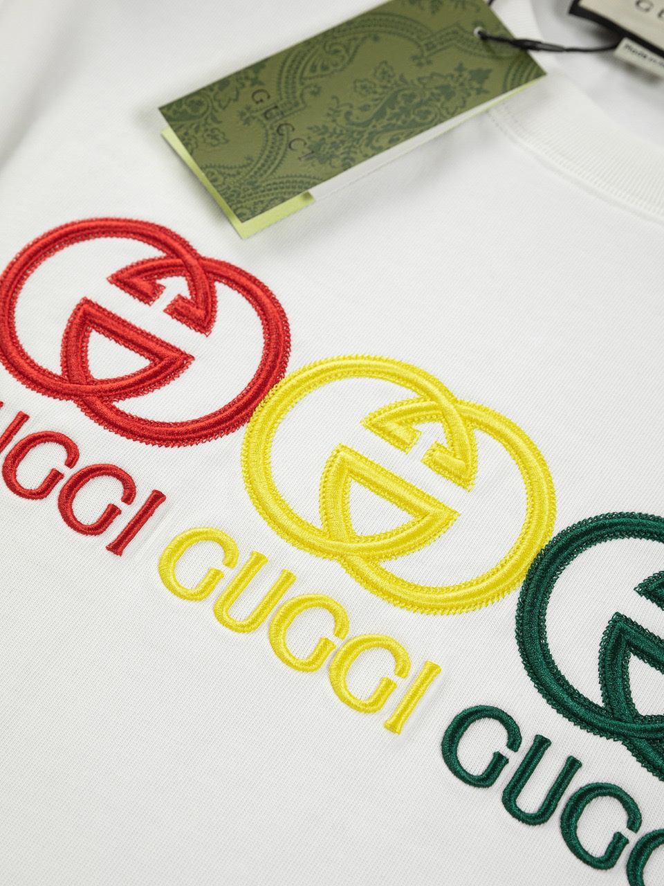 古驰/Gucci 夏季新款 红黄绿三色刺绣字母圆领短袖T恤