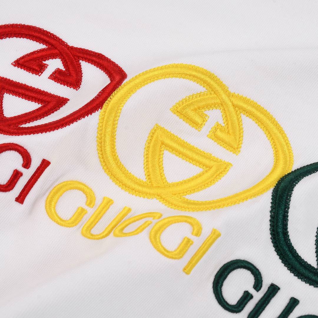 古驰/Gucci 夏季新款 红黄绿三色刺绣字母圆领短袖T恤