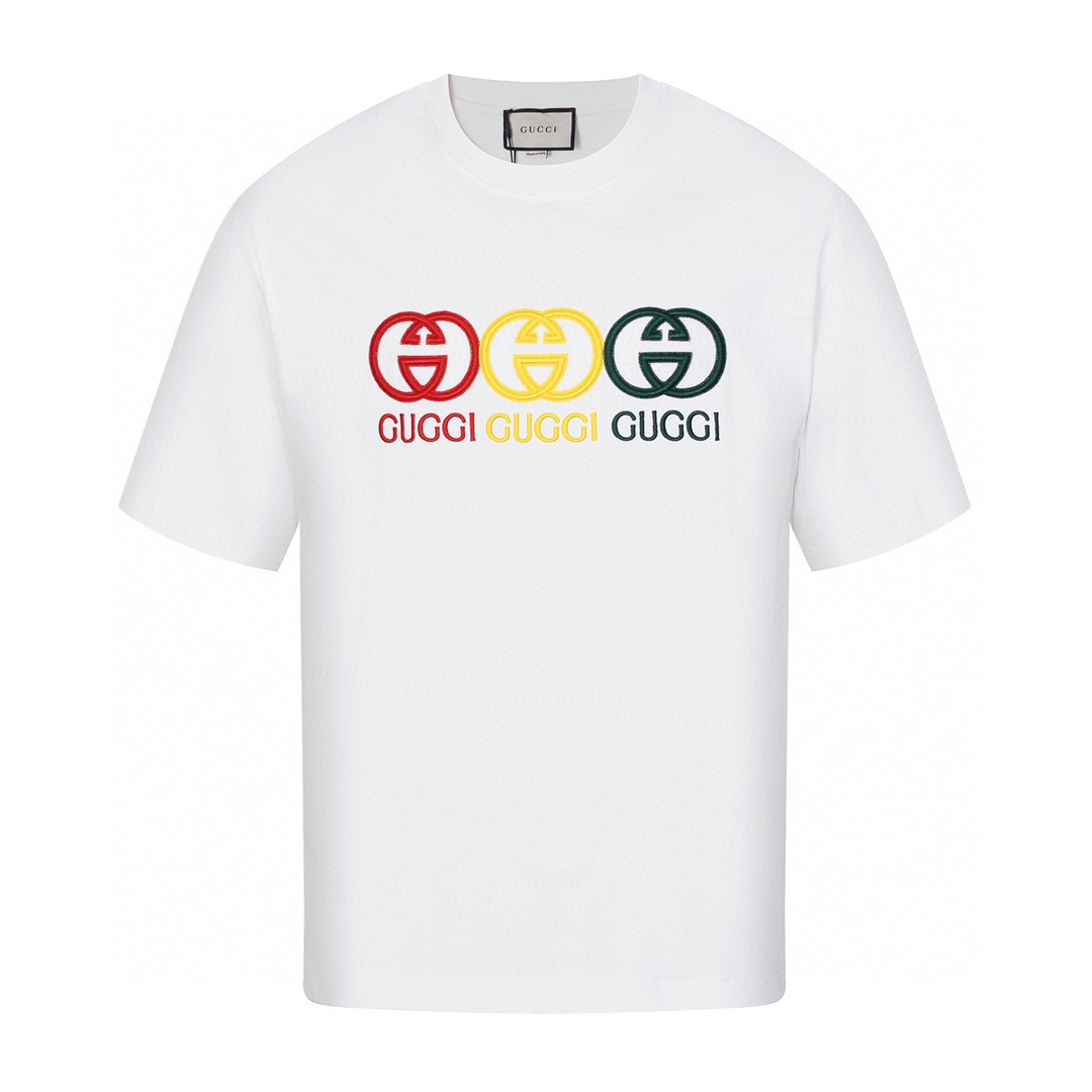 古驰/Gucci 夏季新款 红黄绿三色刺绣字母圆领短袖T恤