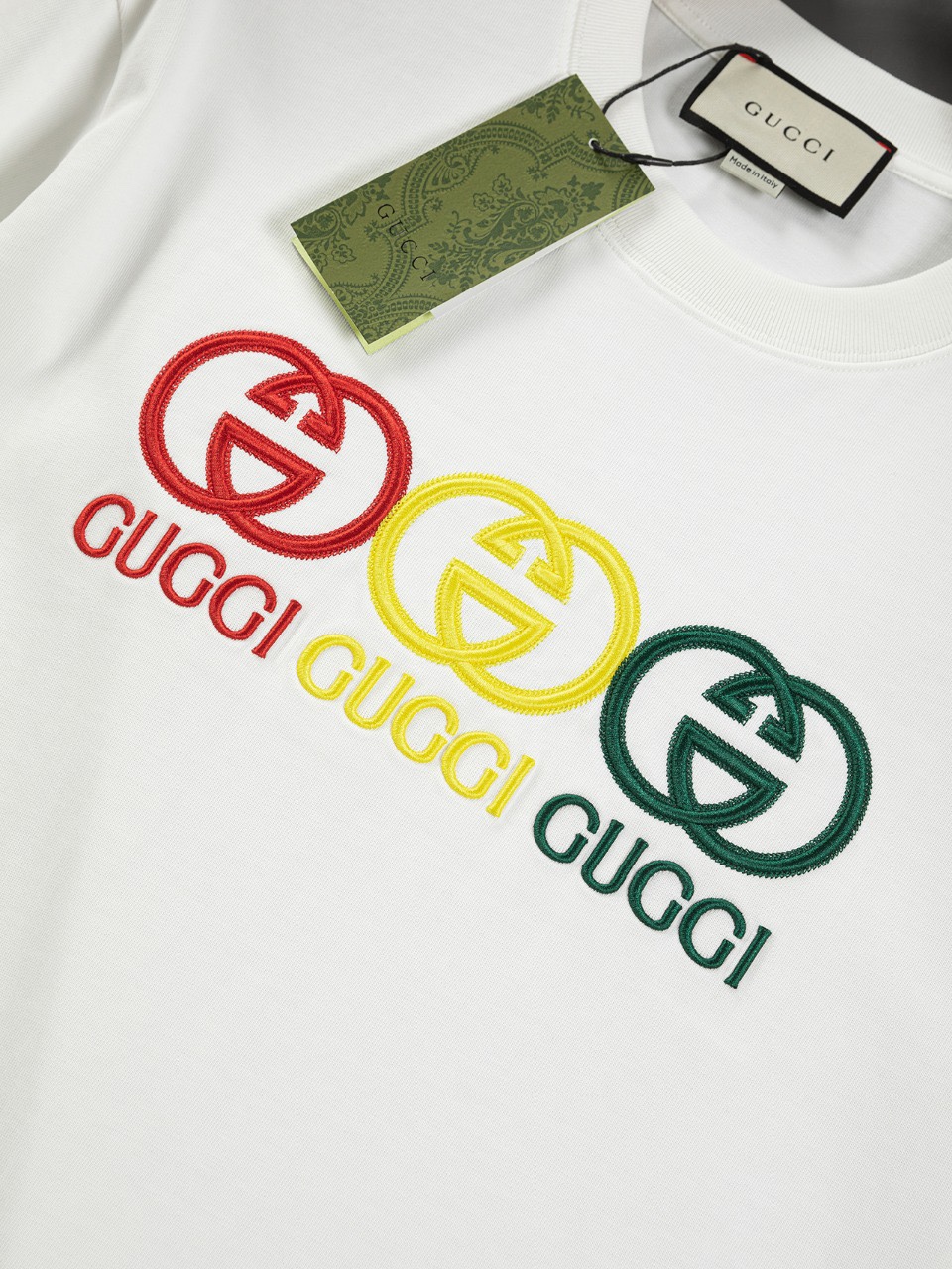 古驰/Gucci 夏季新款 红黄绿三色刺绣字母圆领短袖T恤