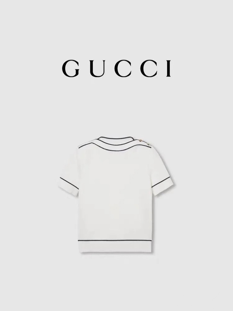 NO:325595,G25031183 GUCC* new high-end custom wool yarn soft and skin-friendly fabric, hardware double GG shoulder button contrasting striped edges slim and short-sleeved sweater top!  Navy blue, off-white, (M size bust 90, sleeve length 24, 56) hair, gucci, T-shirt, alexander wang19860909款号G25031183 GUCC*新款高端定制羊毛纱线软糯亲肤面料、五金双GG肩扣撞色条纹边修身显瘦短袖针织衫上衣！藏蓝色、米白色、（M码胸围90,袖长24,衣长56）发,,gucci,T-shirt,alexander wang,Women's clothing