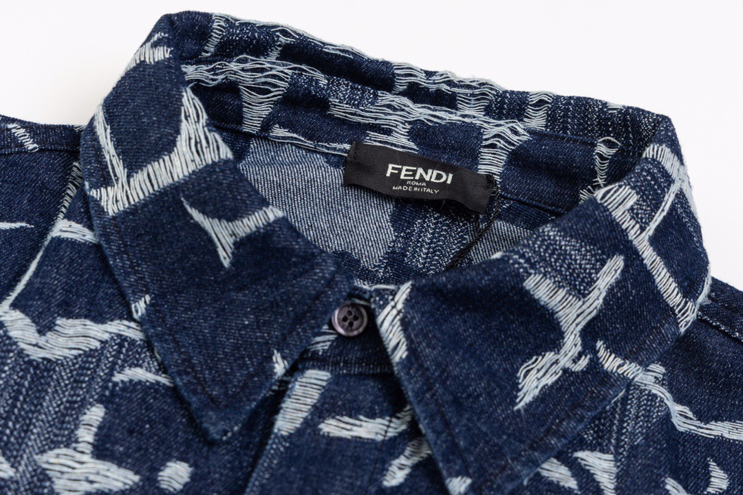 芬迪/Fendi 夏季新款 满印流苏双F字母提花牛仔短袖衬衫