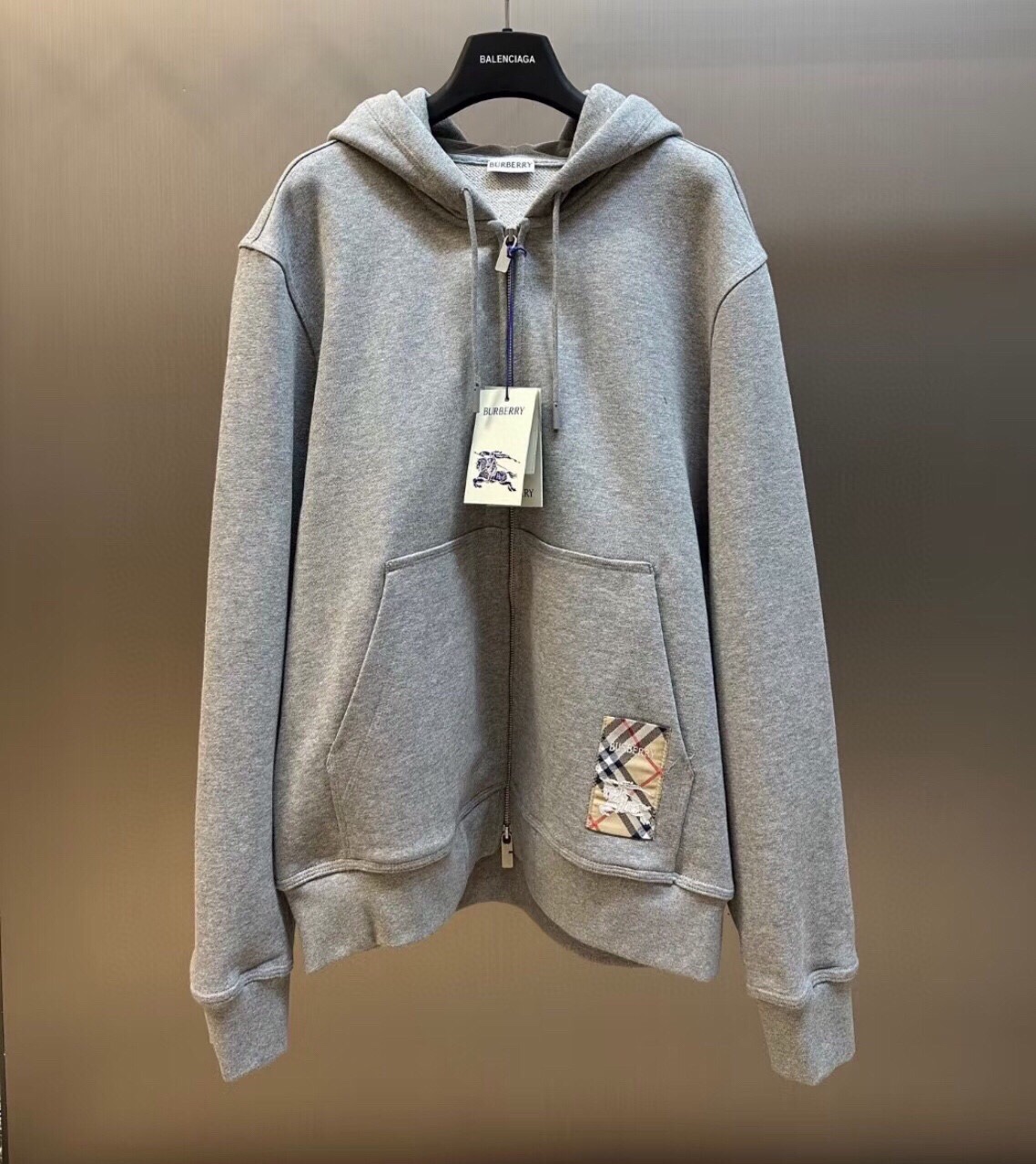 Burberry Men's Grey Marl Heavyweight Loopback Zip-Up Hoodie With Check Patch 2 i1741779453 7104 0