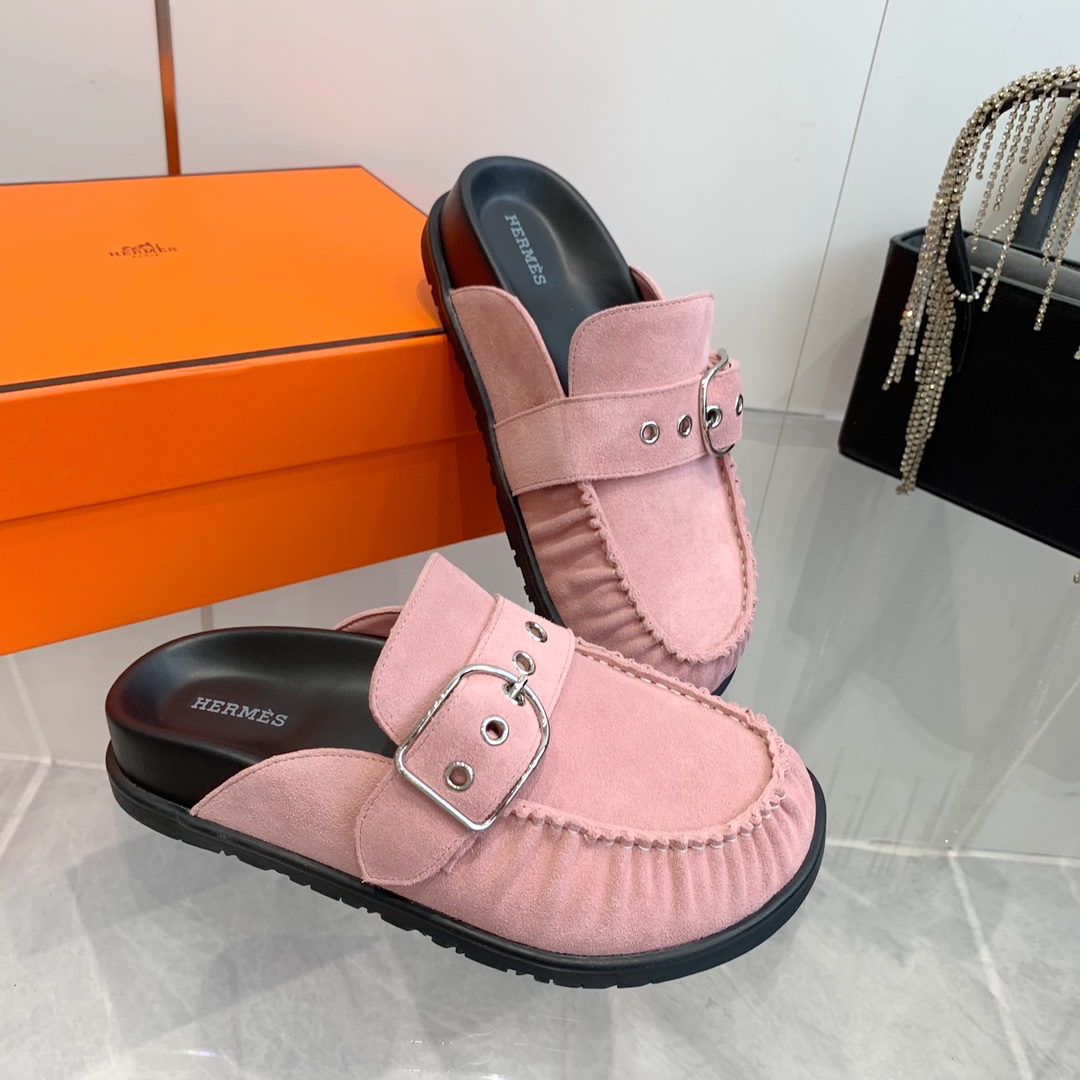 Hermes Women's Suede Wool Blend Half Slippers Trendy Mules - Pink