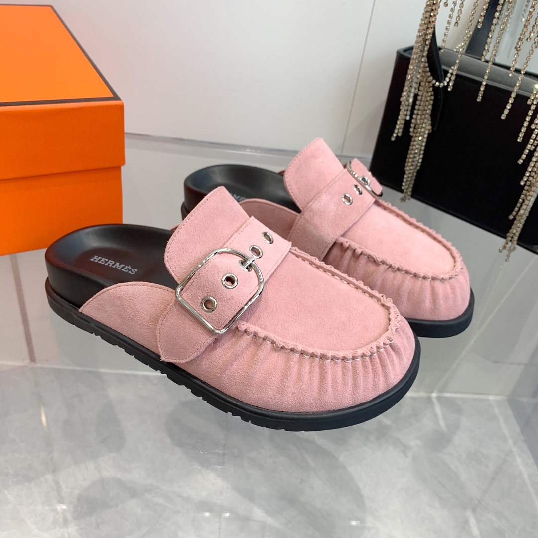 Hermes Women's Suede Wool Blend Half Slippers Trendy Mules - Pink 3 i1741876930 3982 2