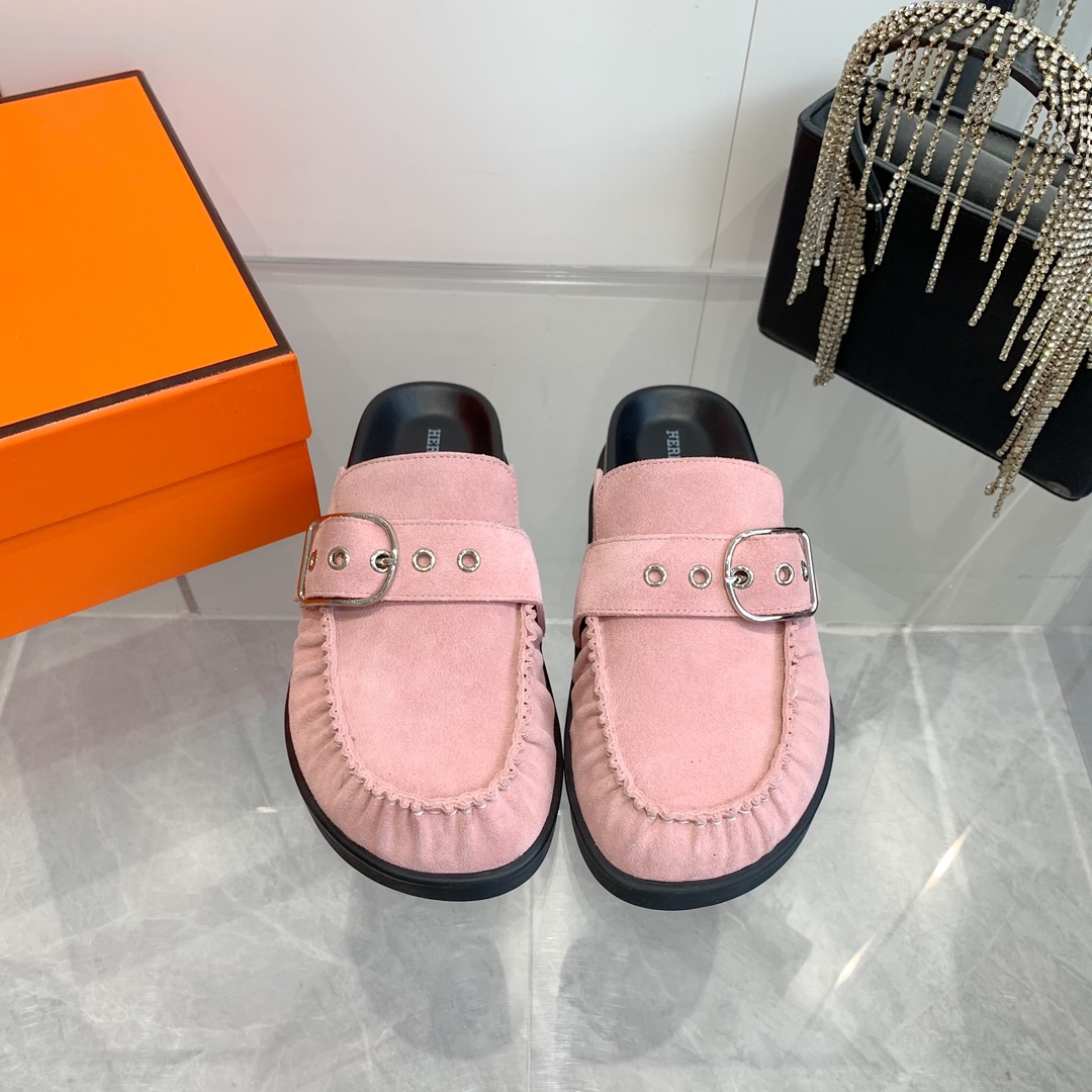 Hermes Women's Suede Wool Blend Half Slippers Trendy Mules - Pink 4 i1741876930 5860 0