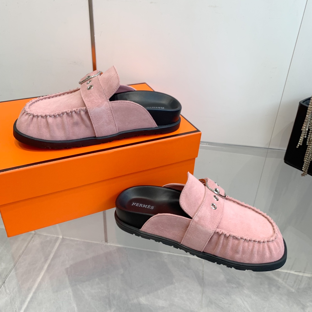 Hermes Women's Suede Wool Blend Half Slippers Trendy Mules - Pink 8 i1741876930 5860 6