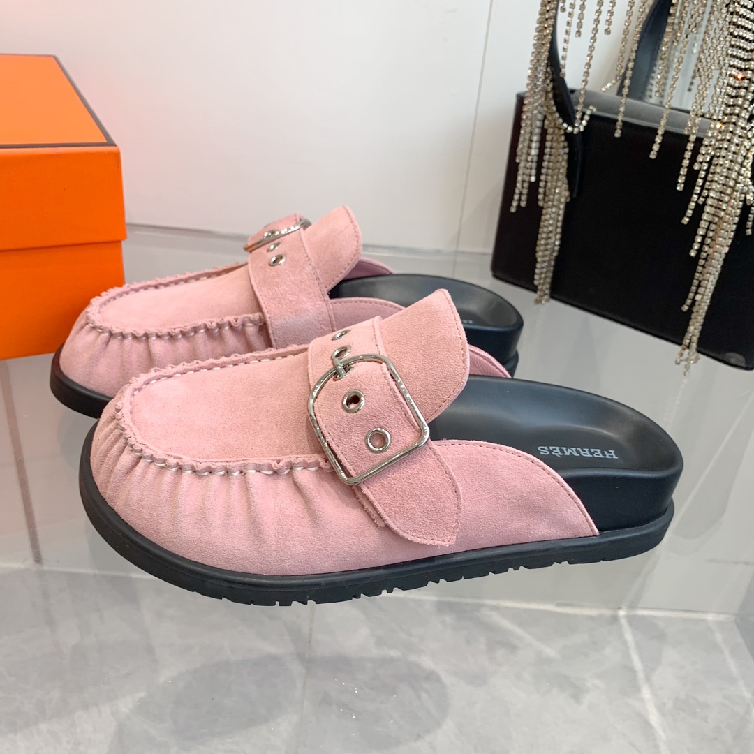 Hermes Women's Suede Wool Blend Half Slippers Trendy Mules - Pink 5 i1741876930 7134 1