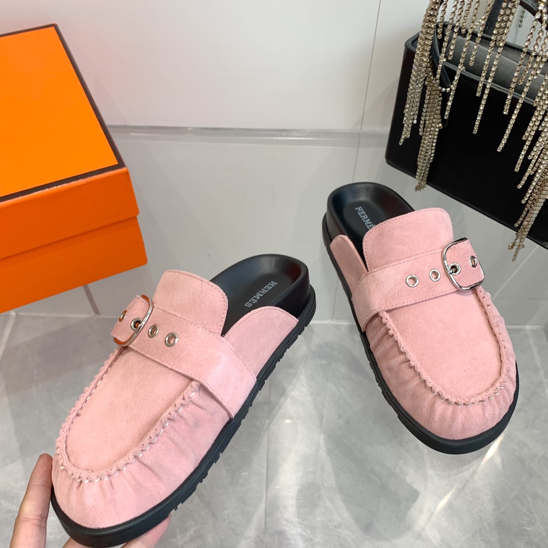 Hermes Women's Suede Wool Blend Half Slippers Trendy Mules - Pink 6 i1741876930 7455 3