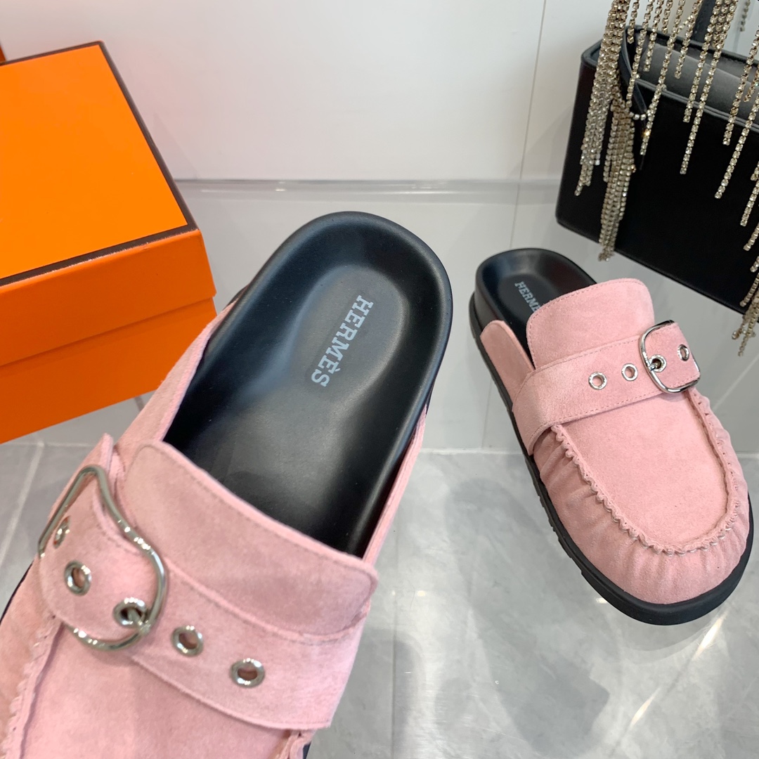 Hermes Women's Suede Wool Blend Half Slippers Trendy Mules - Pink 7 i1741876930 8791 4
