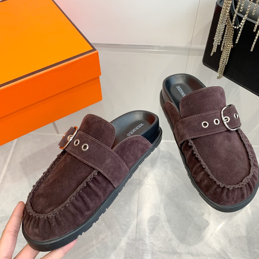 Hermès Women's Suede Leather Moccasin Slippers with Buckle Accent 6 i1741877034 3558 3