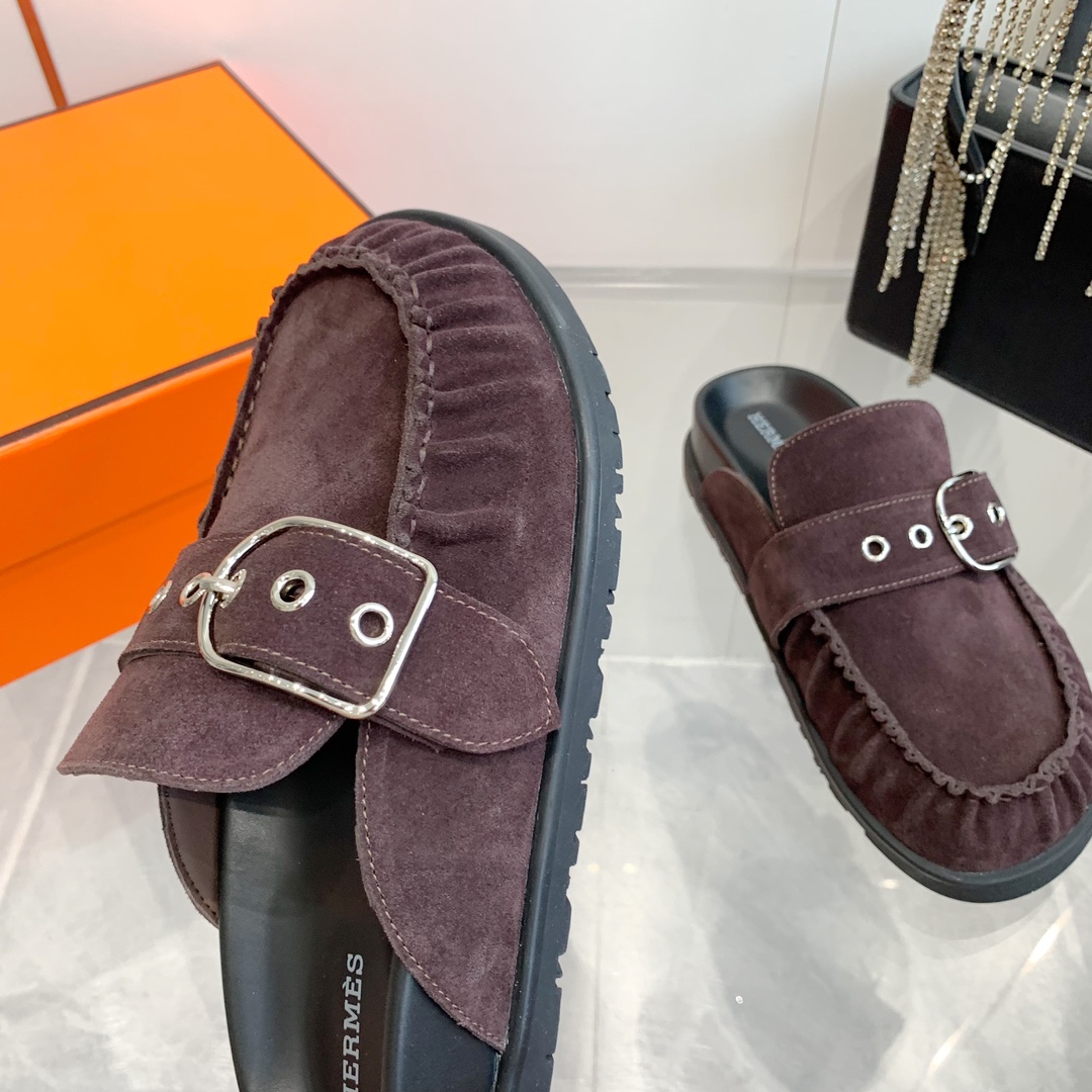 Hermès Women's Suede Leather Moccasin Slippers with Buckle Accent 8 i1741877034 6070 5