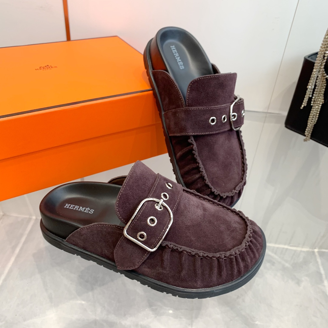 Hermès Women's Suede Leather Moccasin Slippers with Buckle Accent