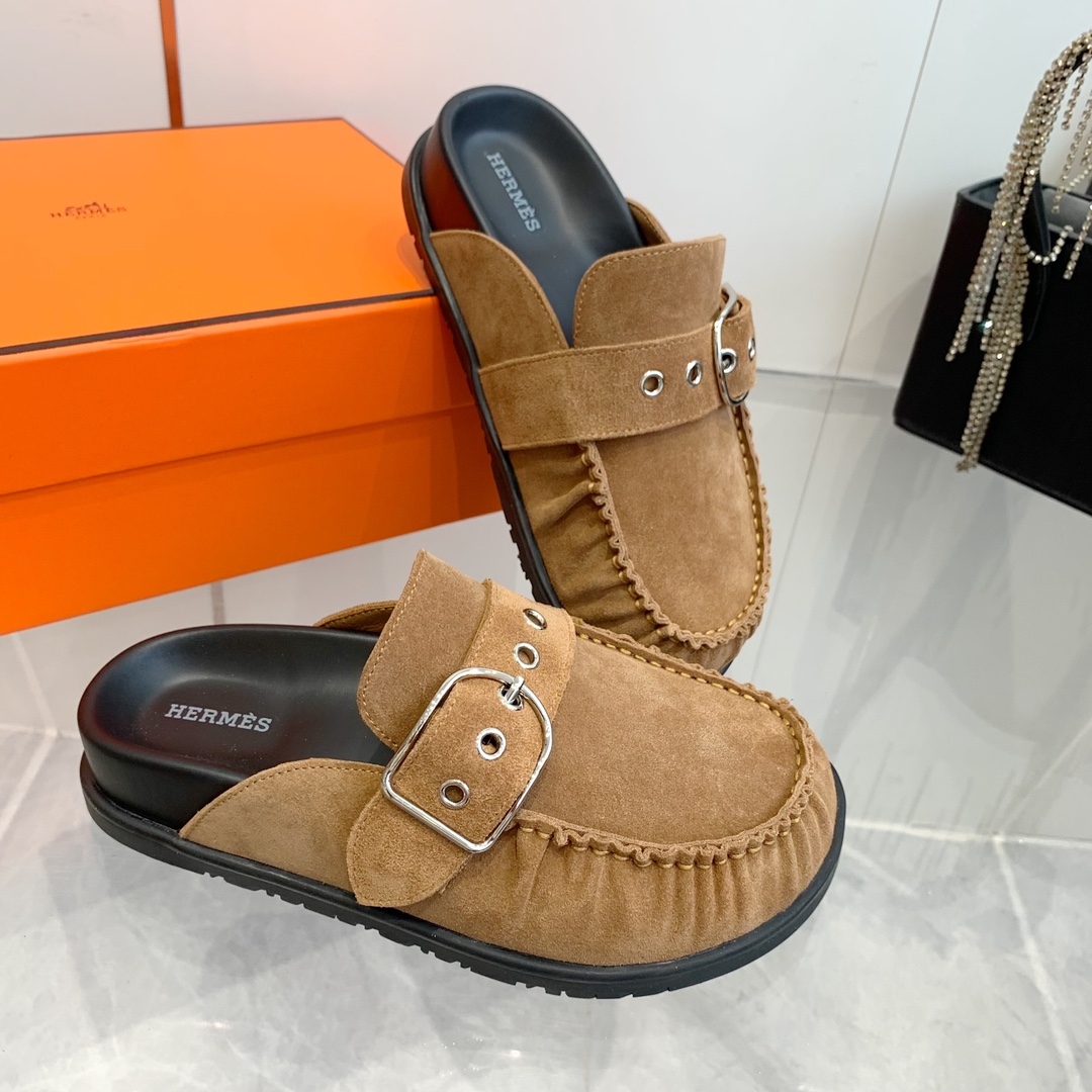 Hermes Suede Buckle Mules, Trendy Teddy Wool H Slippers, Women's Favorites