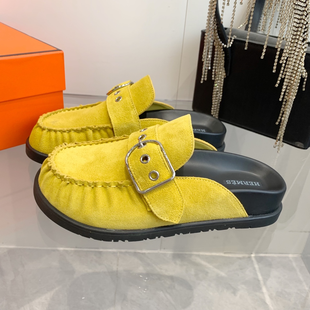 Hermès Women's Yellow Suede Teddy Wool H-Slide Slippers 4 i1741877093 285 1