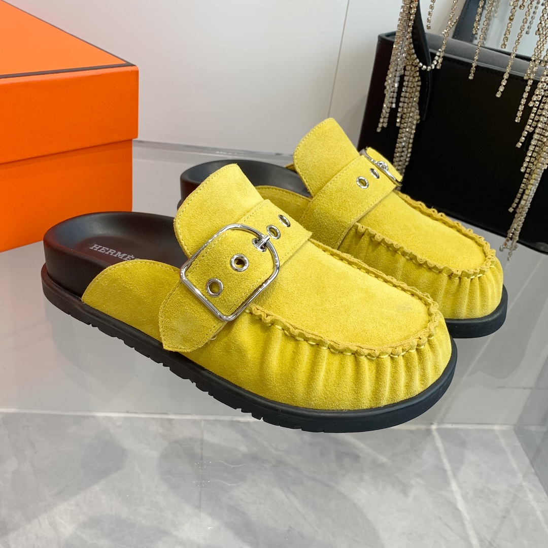 Hermès Women's Yellow Suede Teddy Wool H-Slide Slippers 5 i1741877093 2874 2