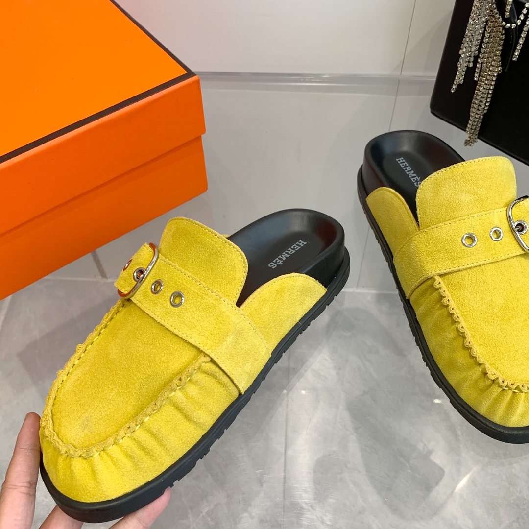 Hermès Women's Yellow Suede Teddy Wool H-Slide Slippers 6 i1741877093 3385 3