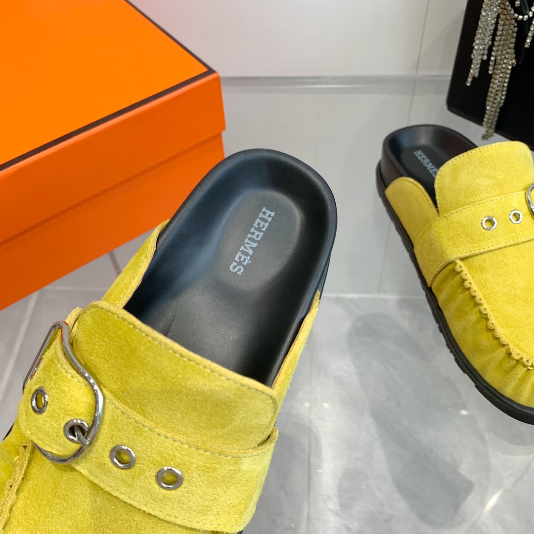 Hermès Women's Yellow Suede Teddy Wool H-Slide Slippers 7 i1741877093 4198 4