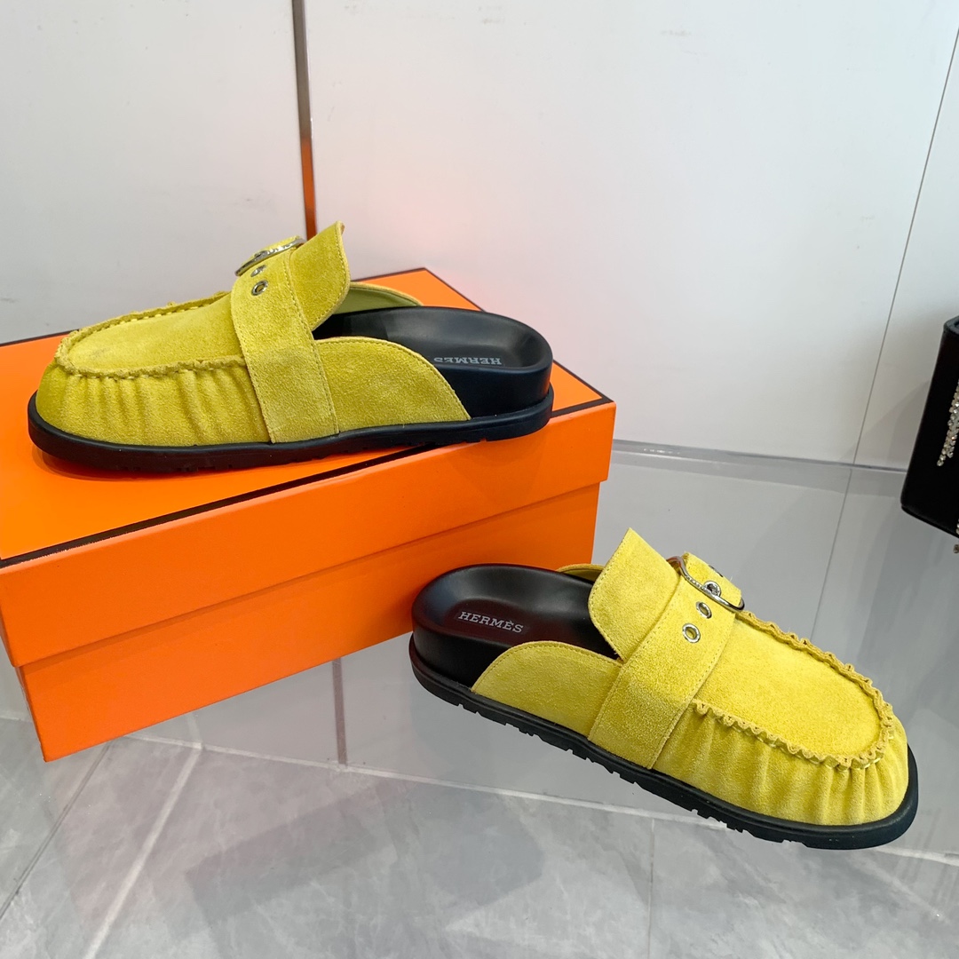 Hermès Women's Yellow Suede Teddy Wool H-Slide Slippers 9 i1741877093 8529 7