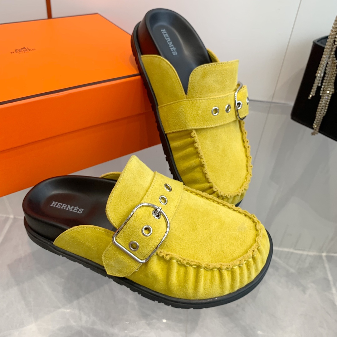 Hermès Women's Yellow Suede Teddy Wool H-Slide Slippers