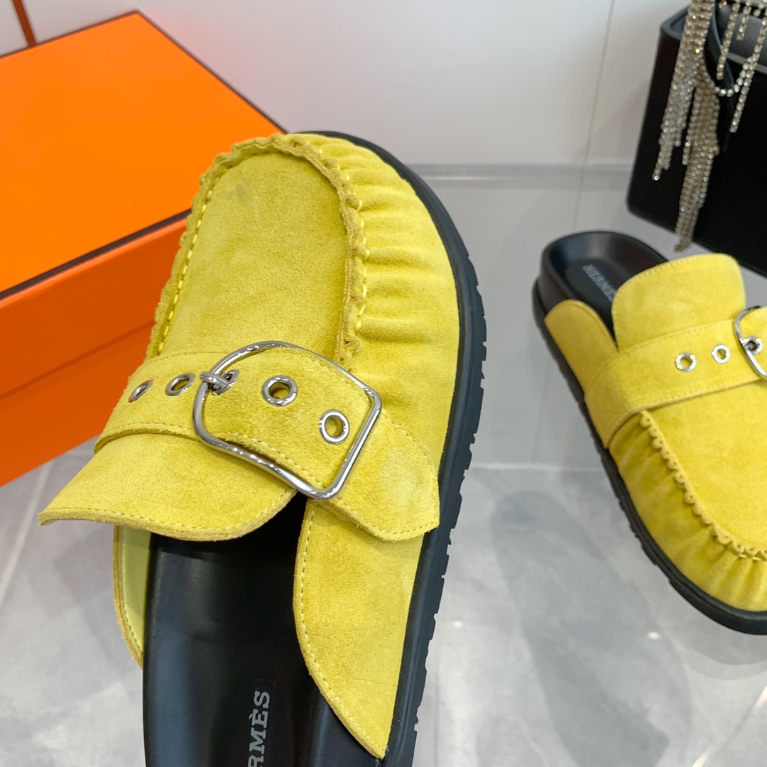 Hermès Women's Yellow Suede Teddy Wool H-Slide Slippers 8 i1741877093 9651 5