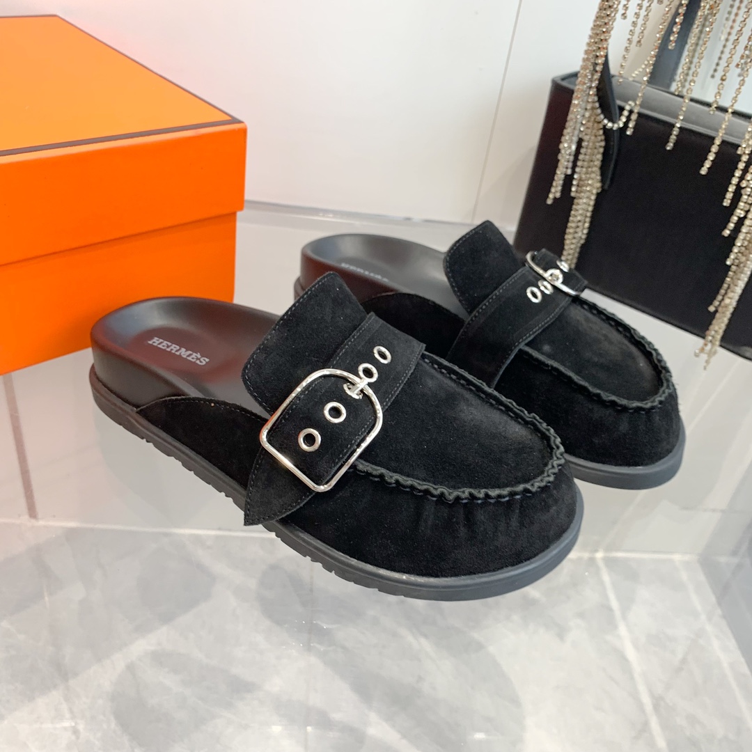 Hermes Women's Suede Leather Half Slippers Trendy Fall/Winter Flat Mules 5 i1741877135 117 2