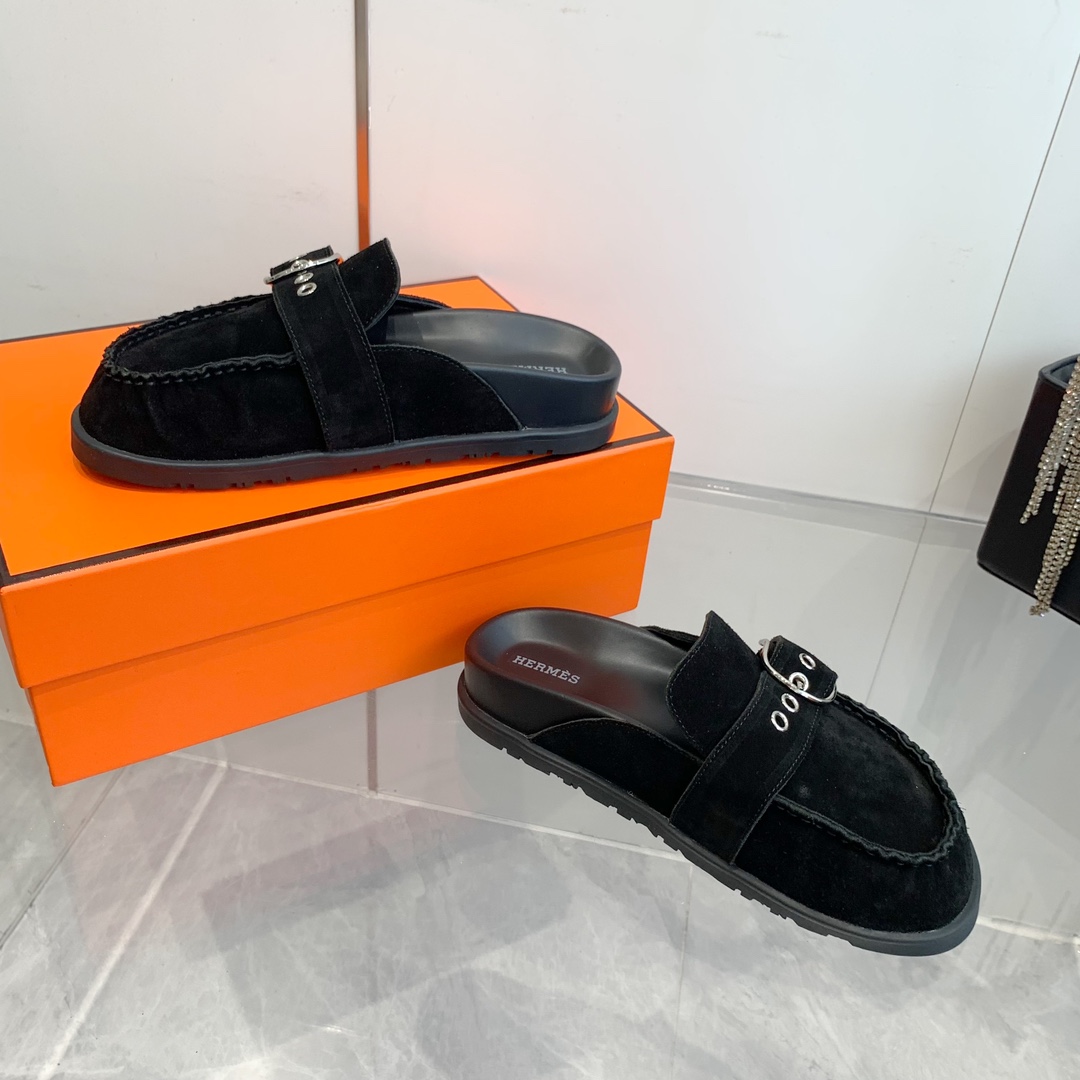 Hermes Women's Suede Leather Half Slippers Trendy Fall/Winter Flat Mules 9 i1741877135 1376 7