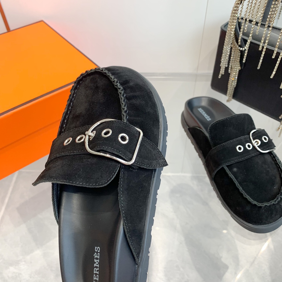 Hermes Women's Suede Leather Half Slippers Trendy Fall/Winter Flat Mules 8 i1741877135 1610 5