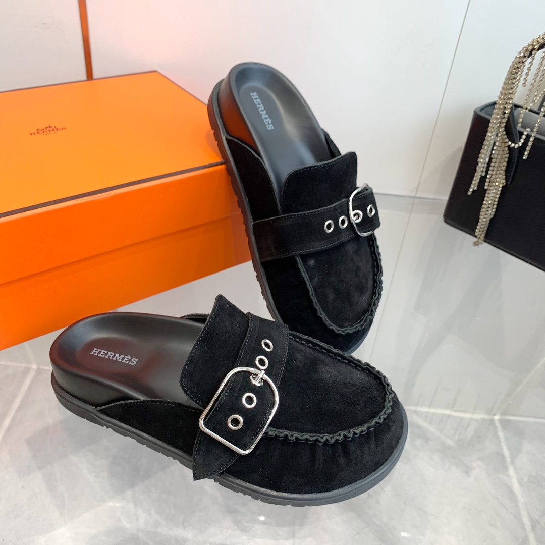 Hermes Women's Suede Leather Half Slippers Trendy Fall/Winter Flat Mules