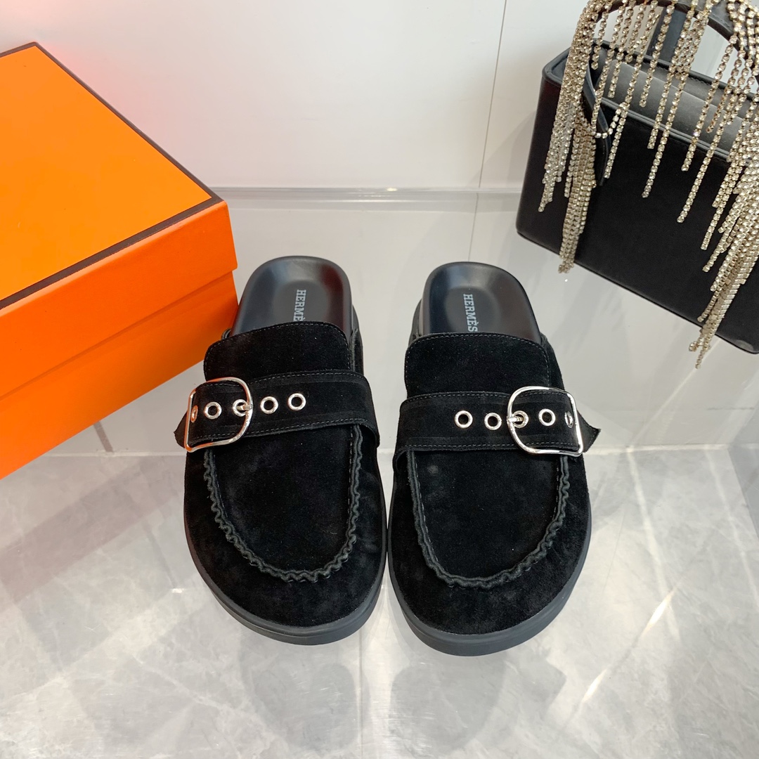 Hermes Women's Suede Leather Half Slippers Trendy Fall/Winter Flat Mules 3 i1741877135 2497 0