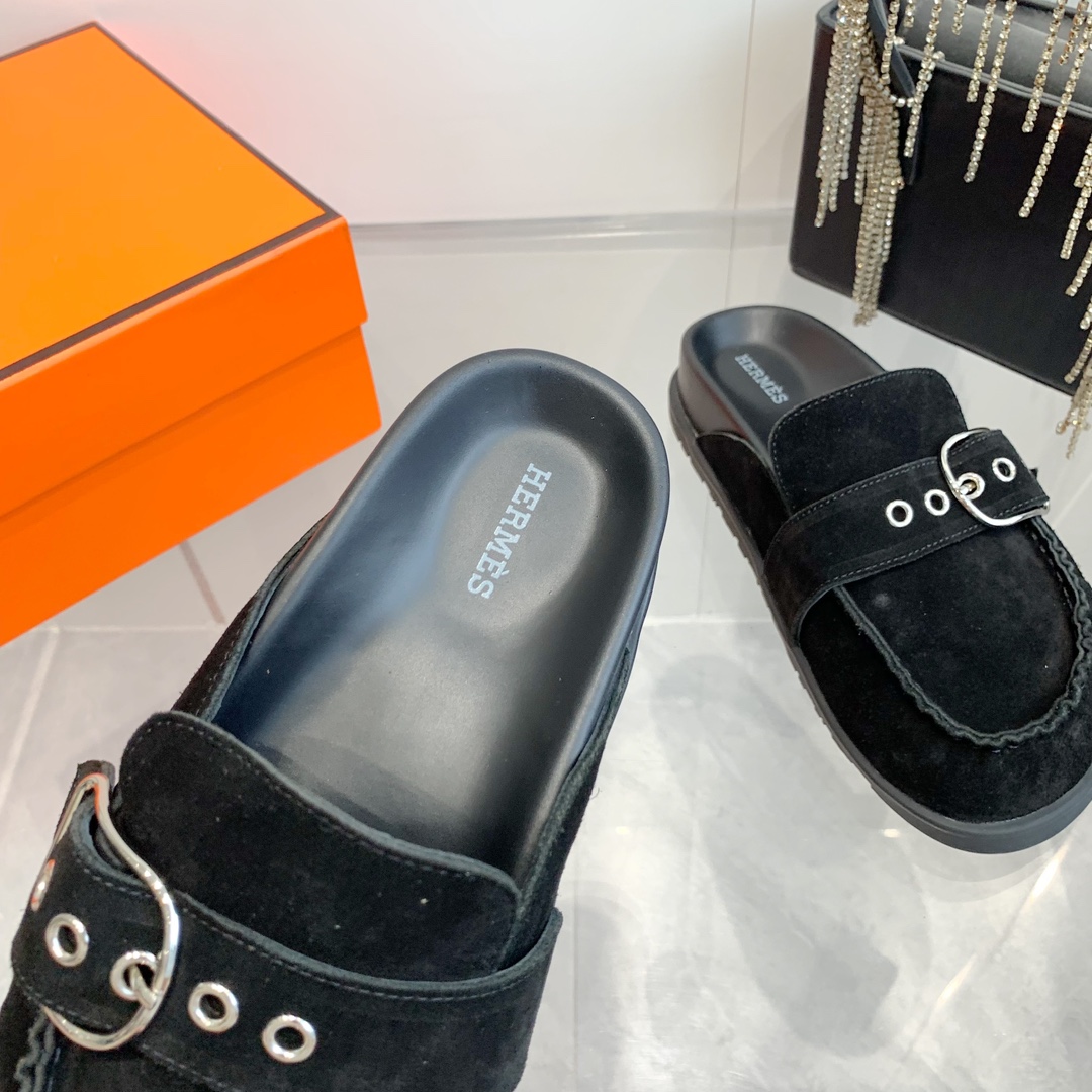 Hermes Women's Suede Leather Half Slippers Trendy Fall/Winter Flat Mules 7 i1741877135 2627 4