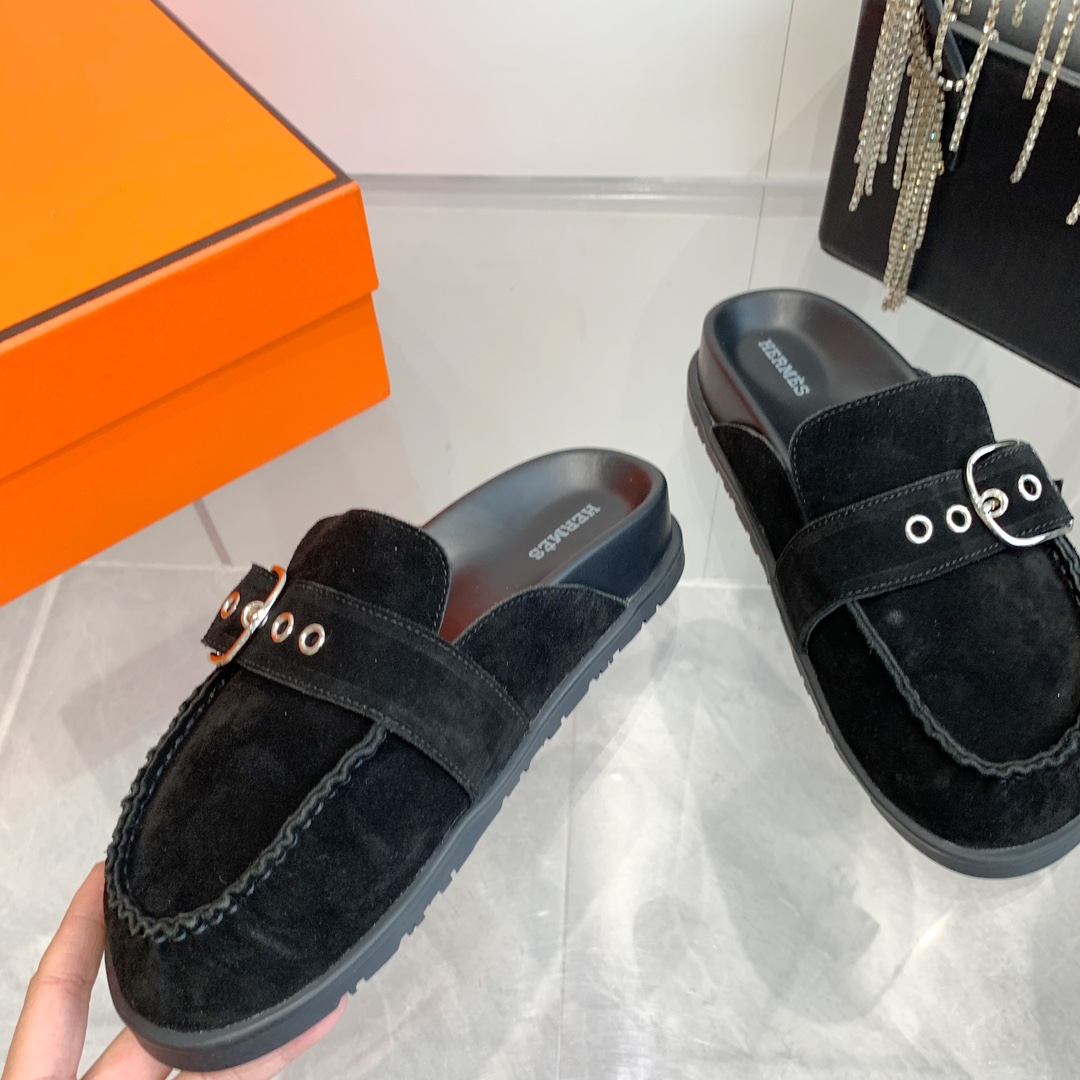 Hermes Women's Suede Leather Half Slippers Trendy Fall/Winter Flat Mules 6 i1741877135 289 3