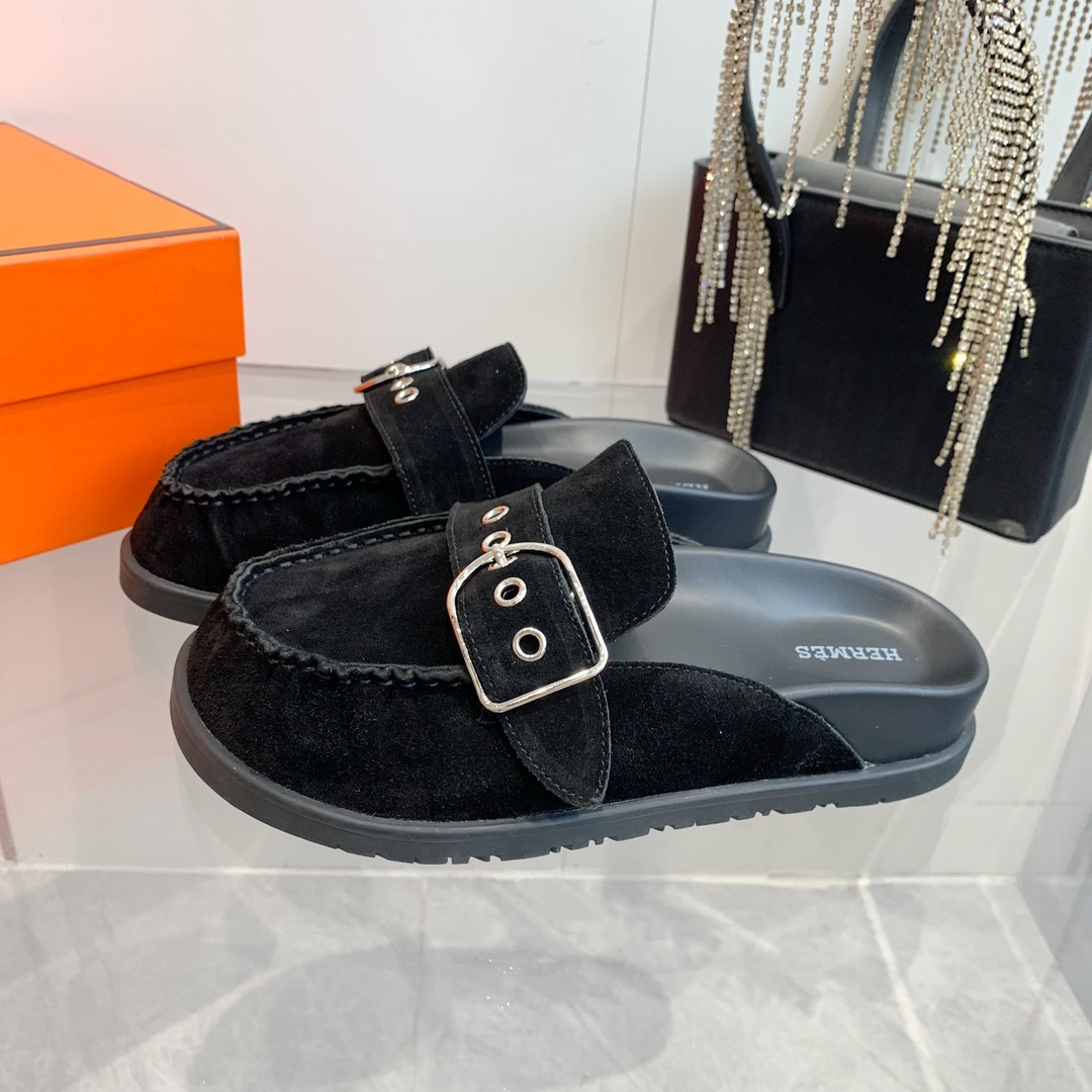 Hermes Women's Suede Leather Half Slippers Trendy Fall/Winter Flat Mules 4 i1741877135 692 1