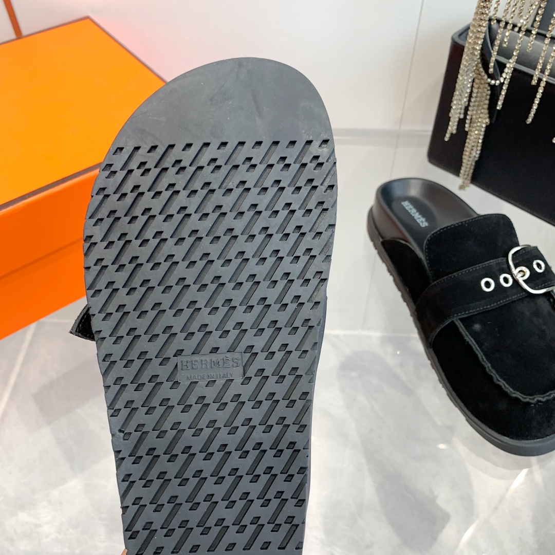 Hermes Women's Suede Leather Half Slippers Trendy Fall/Winter Flat Mules 10 i1741877135 9456 8