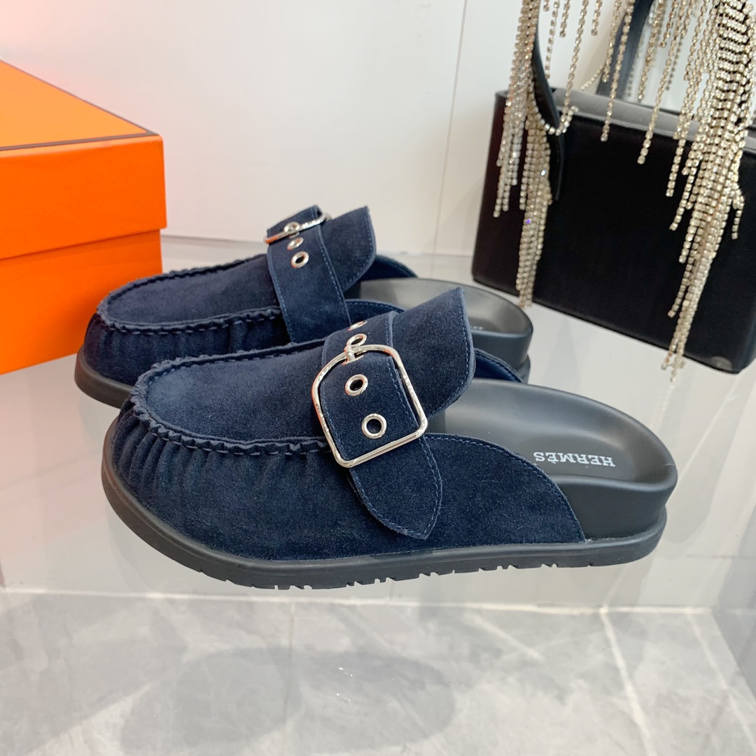 Hermes Inspired Suede Mules with Buckle Detail - Stylish and Comfortable 4 i1741877201 2787 1