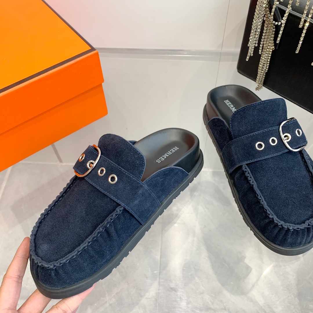 Hermes Inspired Suede Mules with Buckle Detail - Stylish and Comfortable 6 i1741877201 71 3