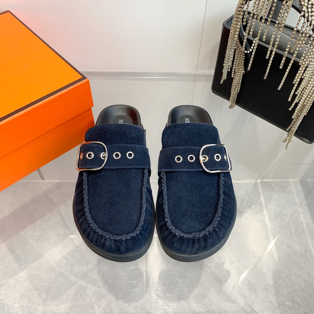 Hermes Inspired Suede Mules with Buckle Detail - Stylish and Comfortable 3 i1741877201 8046 0