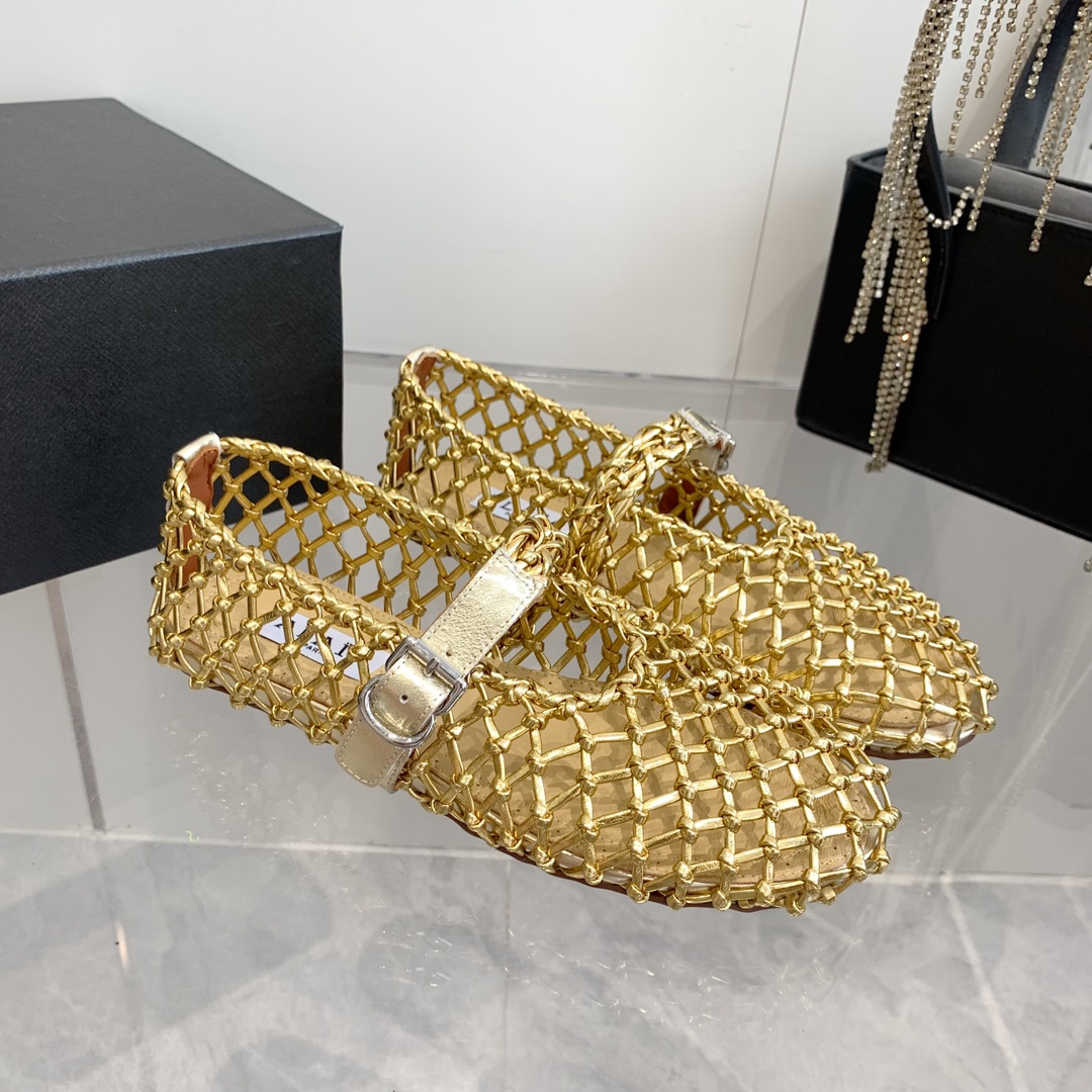 Elegant Gold Woven Mary Jane Ballet Flats with Ankle Strap