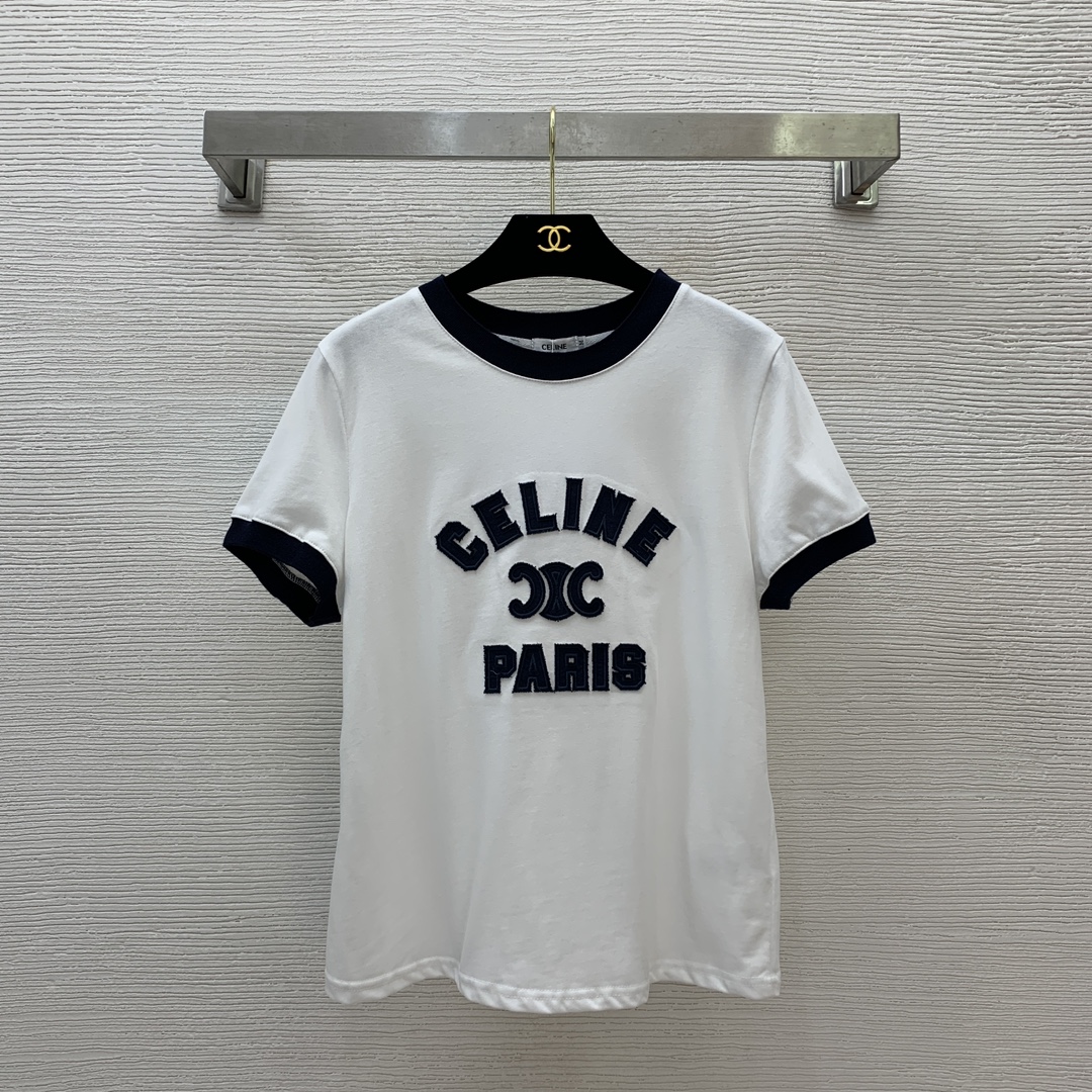 NO:329540,Model number G25031475 CELIN*E Silin 25SS new style, classic Arc de Triomphe logo letter logo contrast color border, fashionable and versatile round neck short-sleeved T-shirt top!  White, rose red, (M size shoulder width 39, bust 102, sleeve length 19, clothing length 60), celine, T-shirt,tees, t-shirt,alexander wang19860909款号G25031475 CELIN*E思琳25SS新款 经典凯旋门标志字母logo撞色包边时尚百搭圆领短袖t恤上衣！白色、玫红色、（M码肩宽39,胸围102,袖长19,衣长60）,,celine,T-shirt,tees，t-shirt,alexander wang,Women's clothing